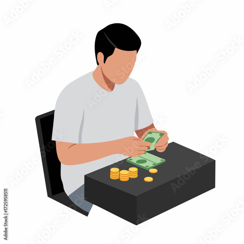 Isometric Style Man Counting Money on Table Flat Illustration