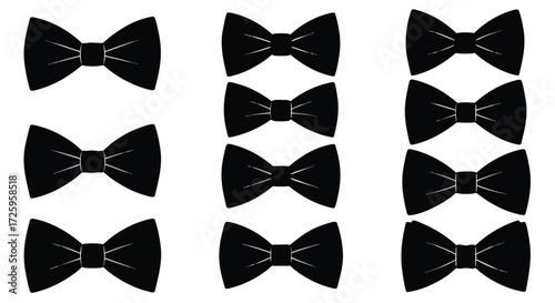 Collection of black bow ties arranged in a grid, perfect for formal wear and fashion design concepts