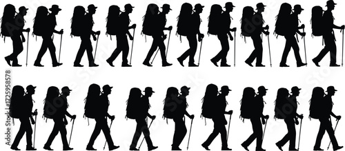 Group of hikers silhouettes with backpacks and trekking poles walking on a white background, trekking and hiking vector illustration