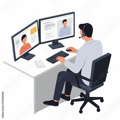 Flat Isometric Man Working at Desk with Dual Monitors Illustration