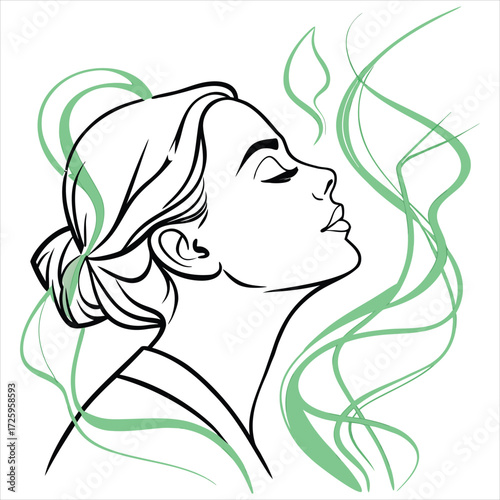 This is an artistic illustration featuring a woman's profile in green tones. Her hair is creatively depicted as a forest canopy with tree branches and leaves, seamlessly blending with the trees in the