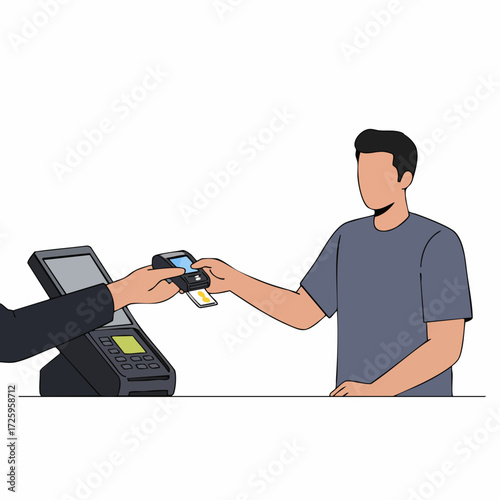 Minimalist Line Art Customer Paying with Card at Payment Terminal Illustration