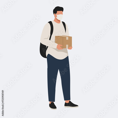Flat Style Delivery Man Holding Cardboard Box Illustration Graphic Asset