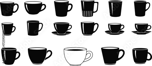 Coffee, tea cup, mugs, and glassware black silhouettes with various forms and shapes vector illustration graphic resources