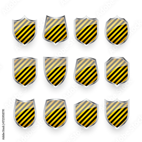 Glossy shields with yellow and black pattern. Security and protection concept. Cyber safety icons, internet privacy, web defense, digital data protection and antivirus themes. Vector illustration