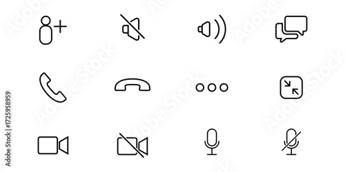 Phone calling icon set. Streaming icon set. Video call buttons set. Collection of internet conversation buttons. Camera, handset, microphone, speaker, message, and profile vector