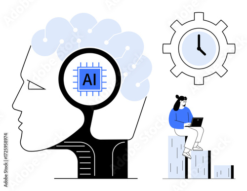 Human head with AI chip, clock inside gear, and person using laptop highlight AI, time management, tech innovation. Ideal for artificial intelligence, technology, productivity, innovation business
