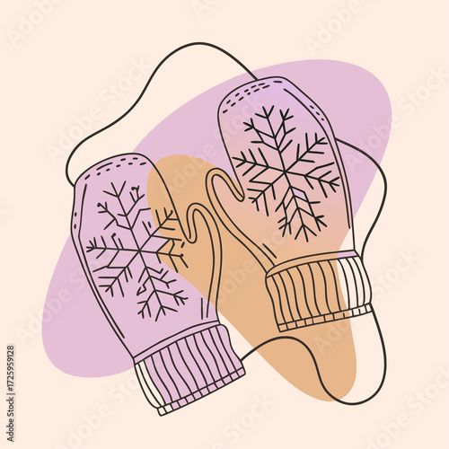 Knitted mittens with snowflakes in one line drawing and pastel abstract colors, cozy winter illustration for Christmas card, New Year holiday design, seasonal postcard and festive artwork