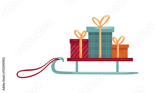 A charming sleigh filled with colorful festive gifts, ready for joyous winter celebrations. This whimsical vector illustration captures the spirit of holiday gatherings and cheerful festivities.