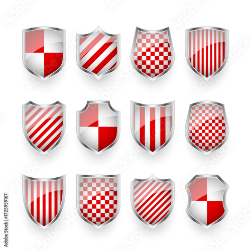 Glossy shields with red and black white. Security and protection concept. Cyber safety icons, internet privacy, web defense, digital data protection and antivirus themes. Vector illustration