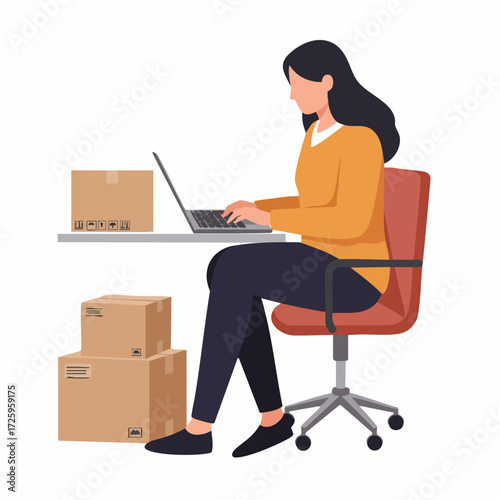 Flat Illustration Woman Working at Desk with Boxes Delivery Concept
