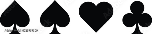 Set of black silhouettes of playing card suits, including spades, hearts, and clubs, isolated on a white background, for casino and gambling