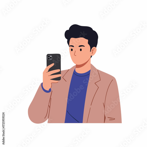 Modern Flat Illustration of Man Holding Smartphone Taking Selfie Portrait