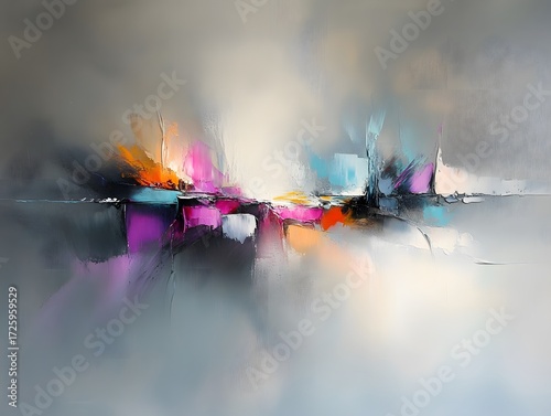 Abstract Palette Knife Painting Grey Landscape Colorful Impressionism