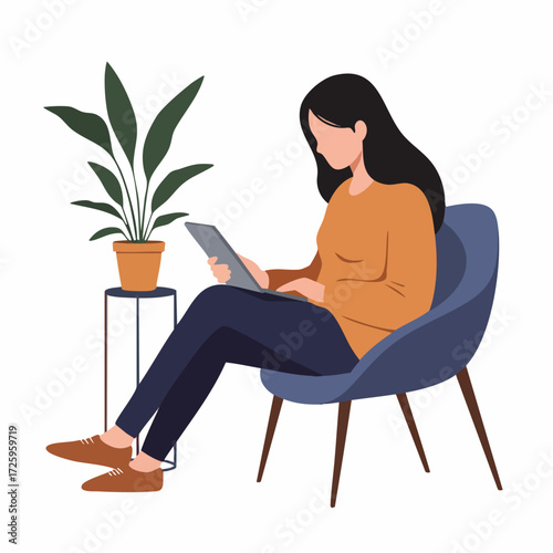 Flat Style Illustration of a Woman Working on Laptop at Home
