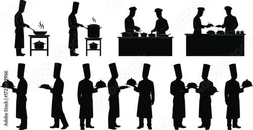 Set of black silhouettes of professional chefs cooking and serving food in a kitchen and restaurant, isolated on a white background