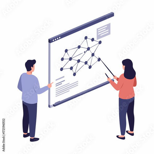 Isometric Two People Presenting Neural Network Structure on Whiteboard Illustration