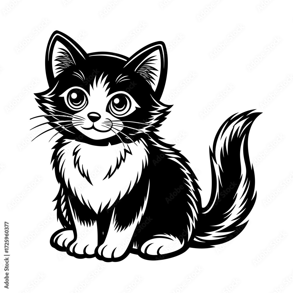 Fototapeta premium black and white cat, cat, animal, cartoon, vector, kitten, illustration, pet, cute, feline, domestic, drawing, kitty, art, pets, cute cat design, black and white cat design 