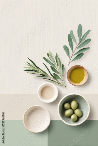 Organic product web banner featuring olive oil, olives, and fresh leaves on a beige background, showcasing natural ingredients with copy space for text