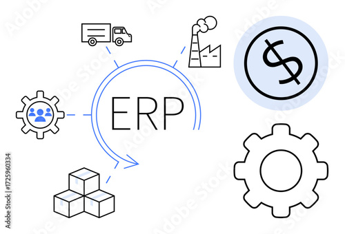 ERP concept linking supply chain, warehouse, manufacturing, financials, and team management. Ideal for business process, optimization, enterprise planning, resource management organizational