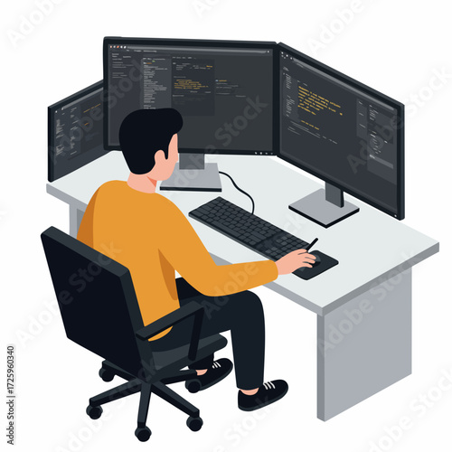 Isometric Man Working at Computer with Three Monitors Illustration