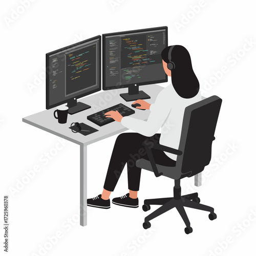 Flat Illustration Woman Programmer Working on Multiple Computer Screens at Desk