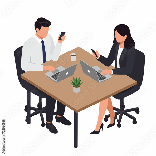 Isometric Business People Working Together On Laptop At Office Workplace
