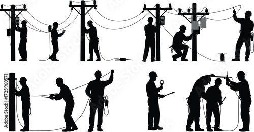 Black silhouettes of electricians and power line workers working on electric poles and utility boxes, isolated on white background