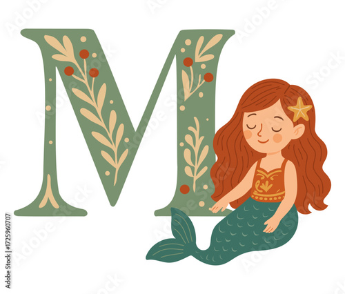 Cute mermaid with floral Letter M whimsical folk-style vector perfect for alphabet learning, nursery posters, personalized prints, children’s books, flashcards, emblems, and ocean-themed decor