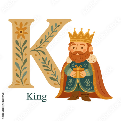 Regal king with floral Letter K folk style vector illustration for alphabet learning, nursery posters, personalized initials, kids’ books, flashcards, emblems, and royal themed classroom decor