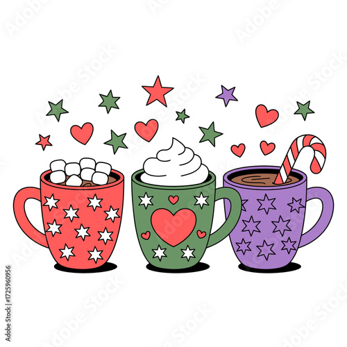 Three festive mugs with stars and hearts hot chocolate candy cane