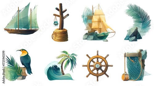 Watercolor collection of pirate and nautical adventure elements.