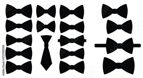 A comprehensive collection of elegant black bow ties and a classic necktie, showcasing a variety of styles and arrangements for men's formal fashion accessories and sophisticated attire