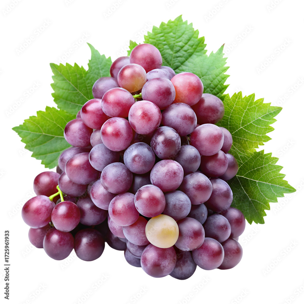 Obraz premium Bunch of red grapes with green leaves isolated on black background bunch of grapes fruit