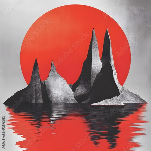 Abstract Red Sun Setting Over Mountains and Lake Reflection