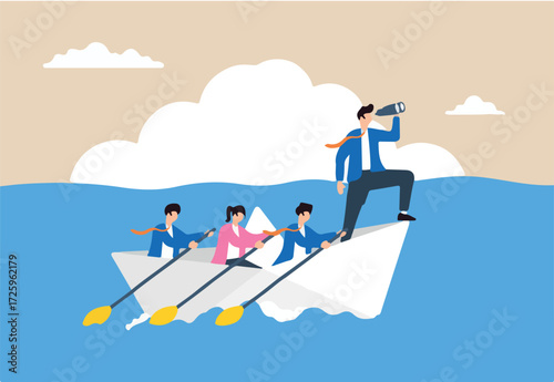 Flat illustration businessman leader with binocular lead team sailing origami ship symbolizing leadership in crisis