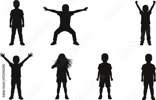 Black silhouette set of children posing and playing, including boys and girls with their arms raised, isolated on a white background