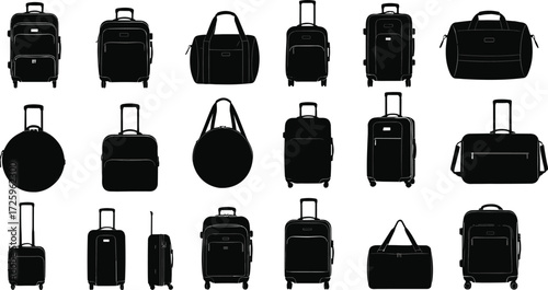 Black silhouettes of various travel luggage, including suitcases, duffel bags, and wheeled bags, isolated on a white background, for travel and vacation