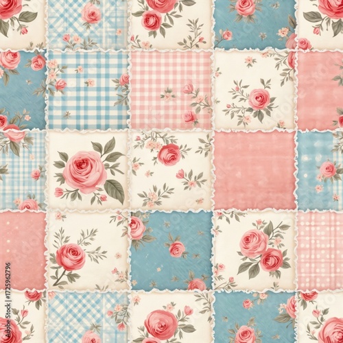 Seamless vintage style patchwork pattern. Pink roses, other flowers on checkered fabric, cream, light blue, pink solid colors. Shabby chic quilt texture, gentle pastel shades for decor.