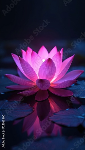 Vibrant lotus flower glows with neon purple light, beauty, spirituality. Petals reflect on dark water surface. Serene bloom evokes tranquility, represents peace, meditation, exotic nature.