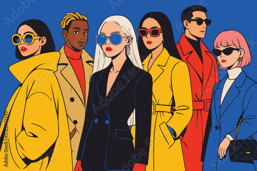Stylish fashion illustration of diverse models in colorful trench coats and sunglasses. Bold and modern vector artwork with luxury fashion vibes, showcasing street style and editorial elegance