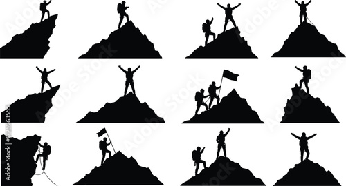 Set of black silhouettes of mountaineers and climbers reaching the summit, with flag and rope, vector illustration, isolated on white background