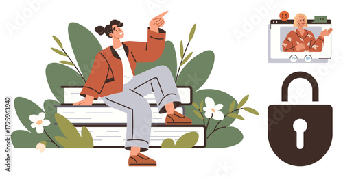 Woman sitting on books, pointing outward with greenery around. Top corner shows a video call, and a large padlock. Ideal for knowledge, e-learning, cybersecurity, remote work, privacy personal