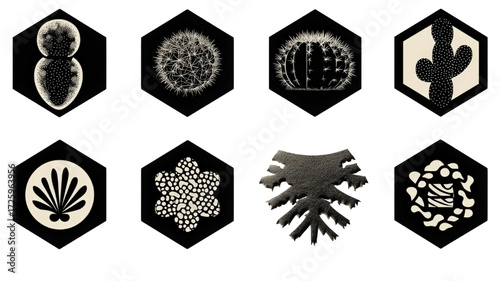 Collection of monochrome cactus and succulent plant icons in hexagonal frames.