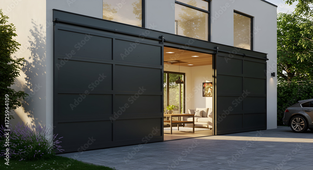 Fototapeta premium A house featuring large, industrial-style garage doors as part of the living space
