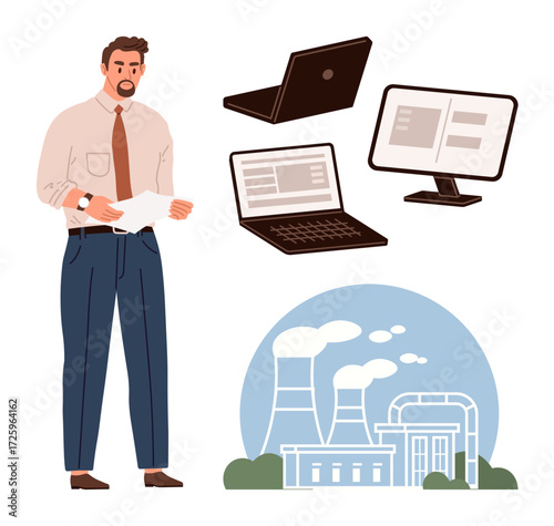 Man with documents beside laptop, desktop, and industrial facility. Ideal for industry analysis, technology, business strategy, data review, decision-making energy sector project planning. Simple
