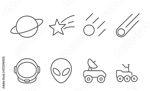 Space exploration symbols featuring planets, comets, and extraterrestrial elements in a minimalist design