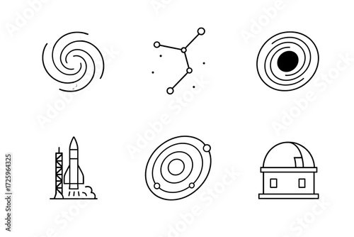 Cosmic exploration symbols including galaxies, rockets, and observatories showcasing the wonders of space