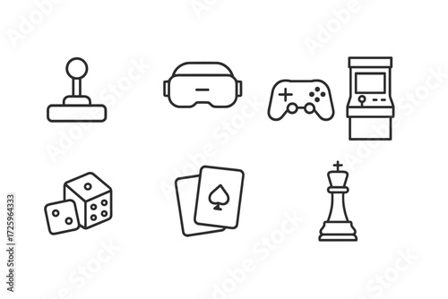 Variety of gaming devices including joystick, VR headset, and chess pieces on a plain background