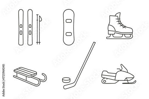Various winter sports equipment including skis, snowboard, ice skates, sled, hockey stick, and snowmobile